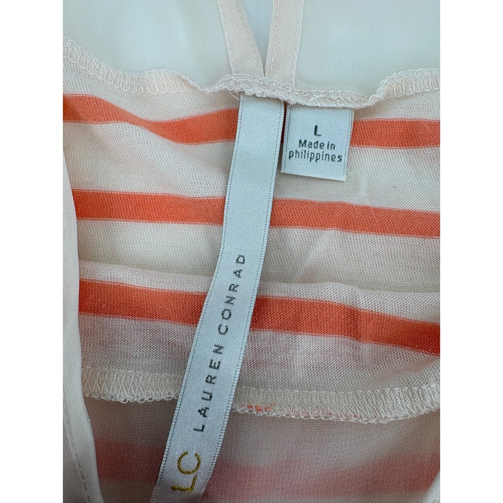 Lauren Conrad Striped Sheer‎ Sleeve Top Blouse Coral Cream Women's Size L